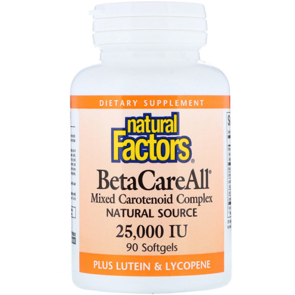 Бета каротин з лютеїном і лікопін, BetaCareAll plus Lutein & Lycopene, Natural Factors, 25.000 ME, 90 капсул