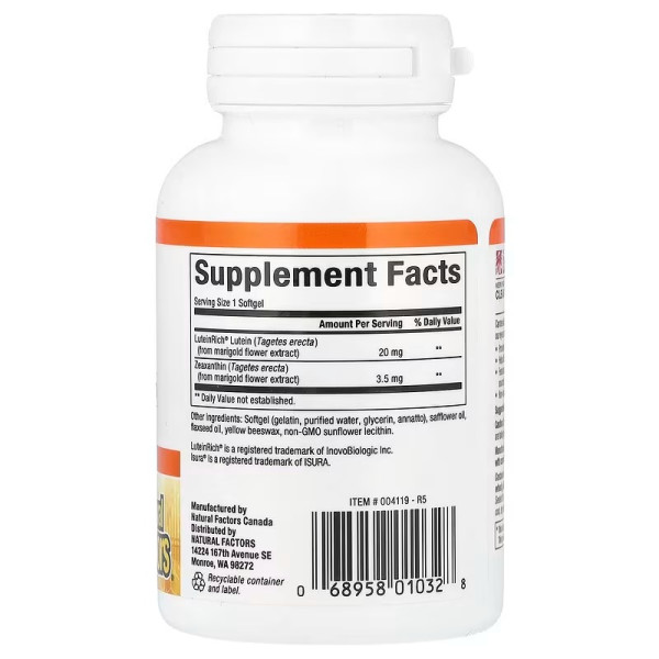 Лютеїн, Lutein, Natural Factors, 20 мг, 60 капсул