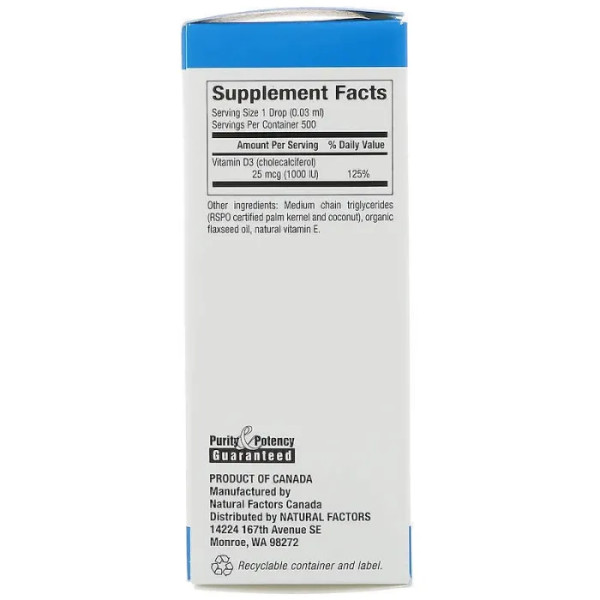 Вітамін D3, Vitamin D3 Drops, Natural Factors, краплі, 1000 МО, 15 мл