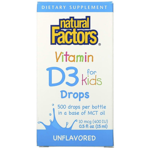 Вітамін D3 для дітей, Vitamin D3 Drops, Natural Factors, краплі, 400 МО, 15 мл
