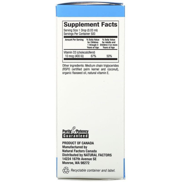 Вітамін D3 для дітей, Vitamin D3 Drops, Natural Factors, краплі, 400 МО, 15 мл