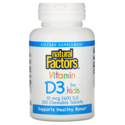 Витамин D3 для детей, Natural Factors Vitamin D3 for Kids, жевательные со вкусом клубники, 10 мкг (400 МЕ), 100 таблеток
