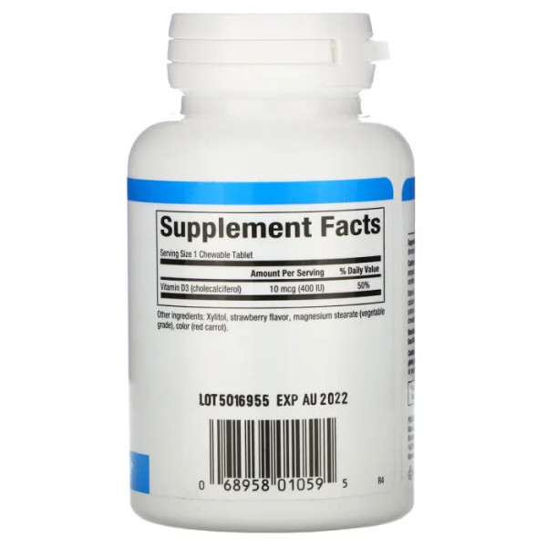 Витамин D3 для детей, Vitamin D3 for Kids, Natural Factors, вкус клубники, 10 мкг (400 МЕ), 100 жевательных таблеток