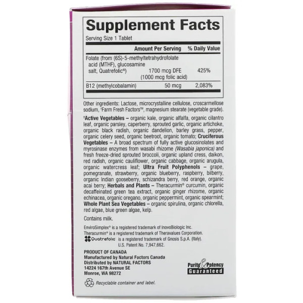 Фолат В-12 і метил фолат, Folate B12 Methylfolate, Natural Factors 1000 мкг, 60 таблеток