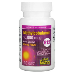 Витамин B12 метилкобаламин 10000 мкг, жевательные, вкус вишня, Natural Factors B12 Methylcobalamin, 30 жевательных таблеток