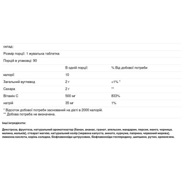 Вітамін C жувальний зі смаком 4 різних фруктів, Vitamin C, Natural Factors, 500 мг, 90 цукерок