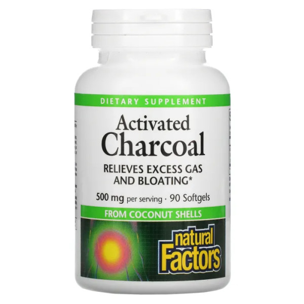 Активоване вугілля, Activated Charcoal, Natural Factors, 500 мг, 90 гелевих капсул