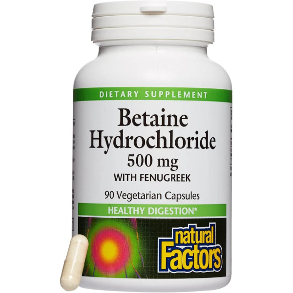 Бетаїну гідрохлорид, Betaine HCl, Natural Factors, 500 мг, 90 вегетаріанських капсул