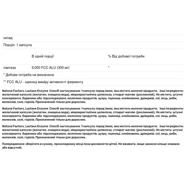 Лактаза (Lactase Enzyme), Natural Factors, 9000 од, 60 капсул