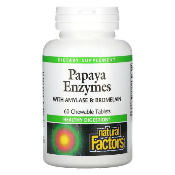 Ферменти папайї з амілазою та бромелайном, Papaya Enzymes with Amylase & Bromelain, Natural Factors, 60 жувальних таблеток