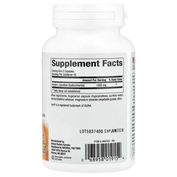 Ацетил карнітин, RegenerLife, Acetyl-LCarnitine, Natural Factors, 1000 мг, 90 вегетаріанських капсул (500 мг у капсулі)