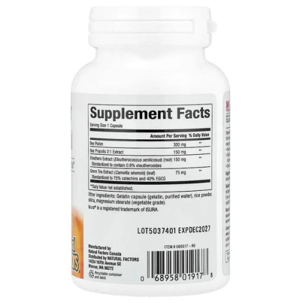 Підтримка когнітивних функцій та фізичної працездатності, RegenerLife®, BeePowerful, Natural Factors, з бджолиним пилком, бджолиним прополісом та елеутерококом, 90 капсул
