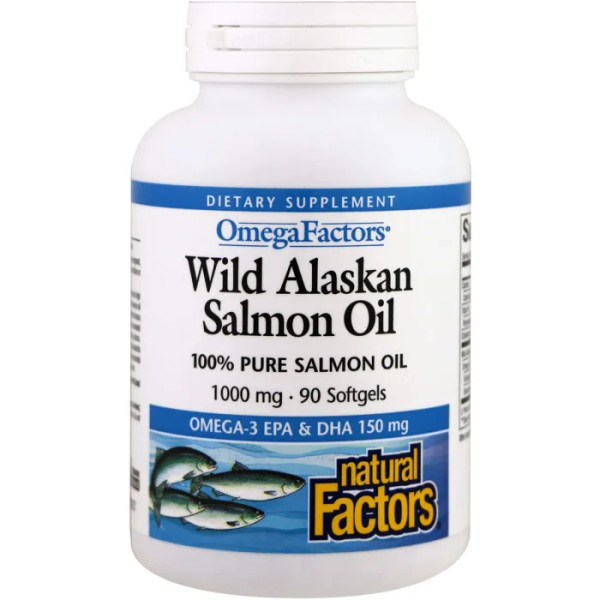 Масло дикого аляскинского лосося, Wild Alaskan Salmon Oil, Natural Factors, 1000 мг, 90 капсул
