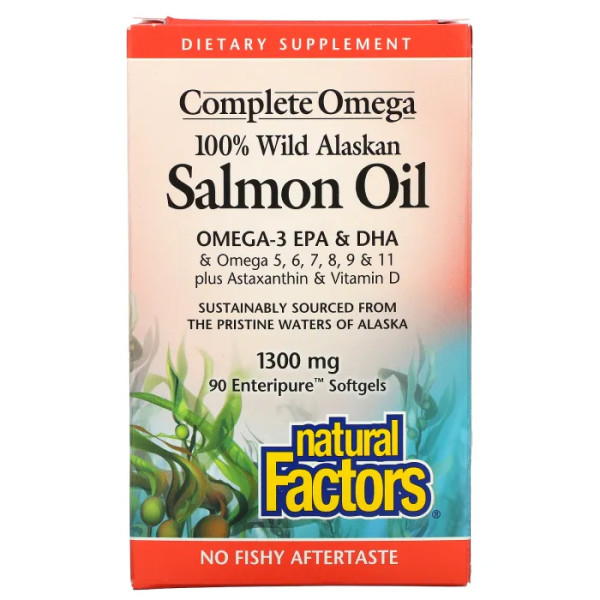 Олія лосося, Salmon Oil, Natural Factors, дикого аляскинського, 1300 мг, 90 гелевих капсул