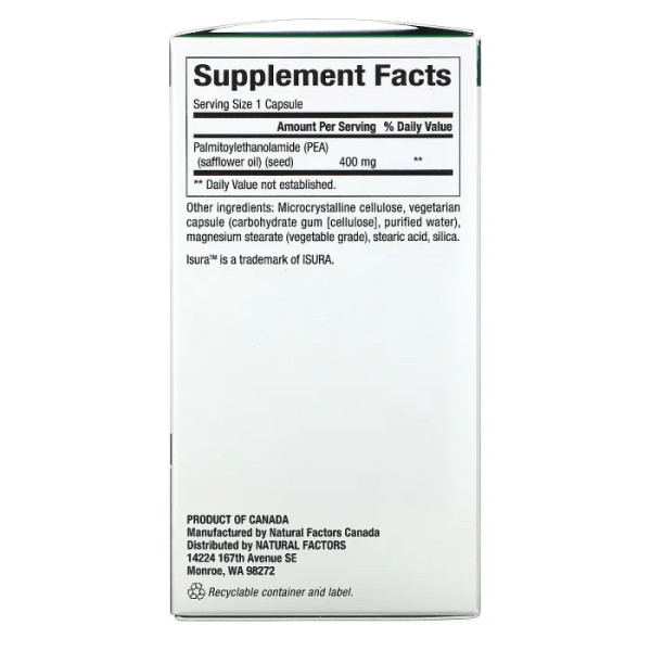 ПЕА (пальмітоілетаноламід), PEA, Natural Factors, 400 мг, 90 капсул