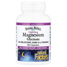 Магній гліцинат з мелатоніном, ГАМК та L-теаніном, Nighttime Magnesium Glycinate Natural Factors, Stess-Relax, 60 капсул