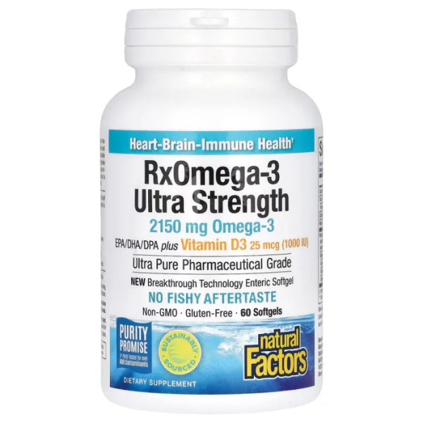 Омега 3 з вітаміном D3, RxOmega-3 Ultra Strength with Vitamin D3, Natural Factors, продовженої дії, 60 гелевих капсул