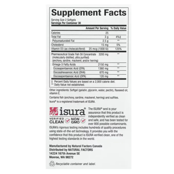 Омега 3 з вітаміном D3, RxOmega-3 Ultra Strength with Vitamin D3, Natural Factors, продовженої дії, 60 гелевих капсул