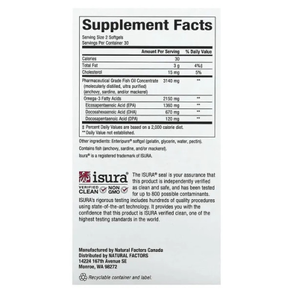 Риб'ячий жир, Омега 3, RxOmega-3 Ultra Strength, Natural Factors, 2150 мг, 60 гелевих капсул (1075 мг на гелеву капсулу)