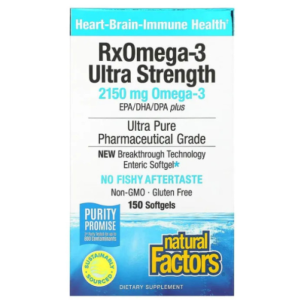 Риб'ячий жир, Омега 3, RxOmega-3 Ultra Strength, Natural Factors, 2150 мг, 150 гелевих капсул (1075 мг на гелеву капсулу)
