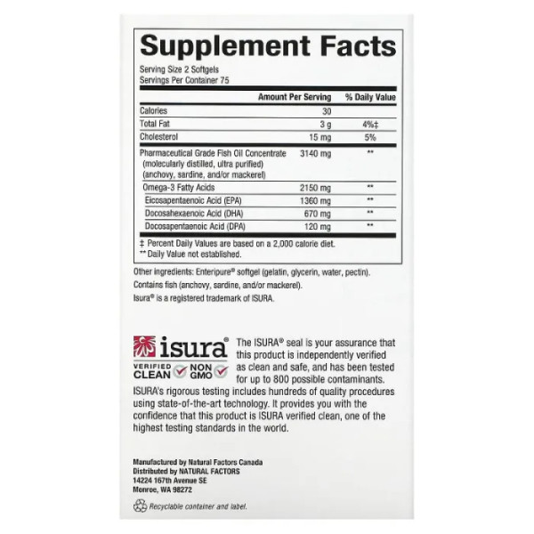 Риб'ячий жир, Омега 3, RxOmega-3 Ultra Strength, Natural Factors, 2150 мг, 150 гелевих капсул (1075 мг на гелеву капсулу)