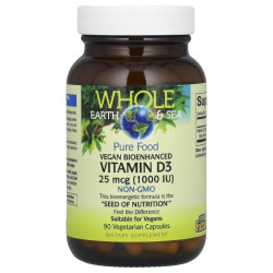Витамин D3 25 мкг (1000 МЕ), Whole Earth & Sea Vitamin D3, веганский биоусиленный, 90 вегетарианских капсул