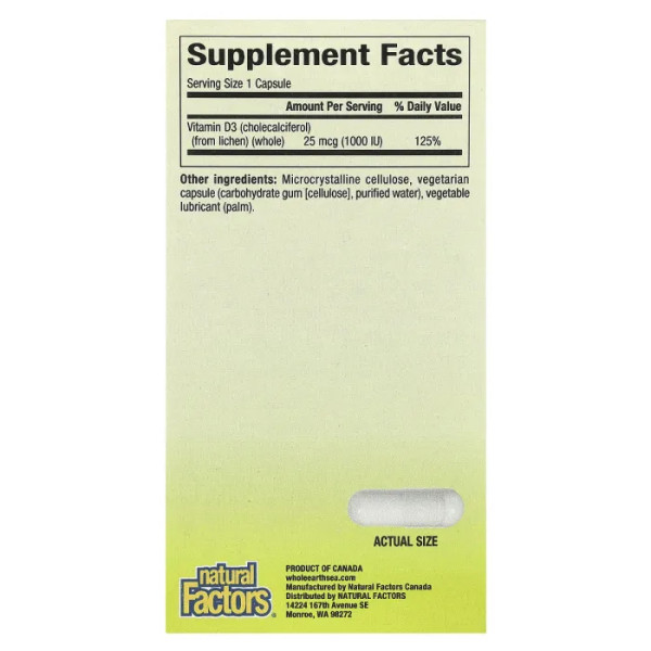 Вітамін D3, Vitamin D3, Whole Earth & Sea, Natural Factors, веганський біопосилений, 25 мкг (1000 МО), 90 вегетаріанських капсул