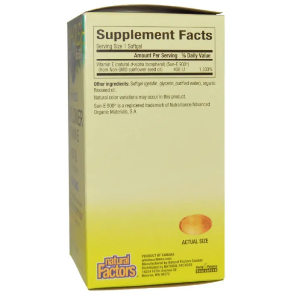 Витамин Е, Vitamin E, Natural Factors, подсолнечный, 400 МЕ, 90 капсул