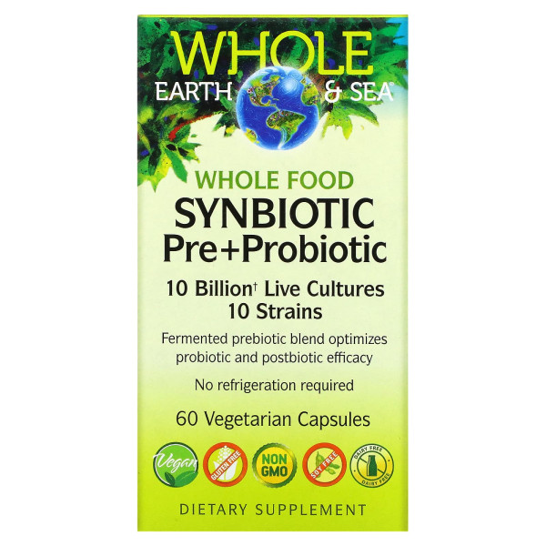 Сінбіотик пребіотики + пробіотик, Whole Food Synbiotic Pre+Probiotic, Whole Earth & Sea, Natural Factors, 10 млрд, 60 вегетаріанських капсул