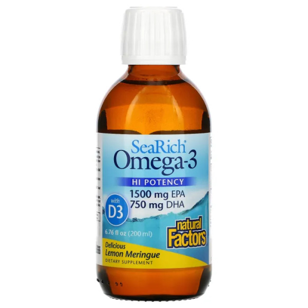 Омега-3, 1500 мг EPA\/750 мг DHA, з вітаміном D3, лимонне безе, Omega-3, 1500 mg EPA\/750 mg DHA, з Vitamin D3, Natural Factors, 200 мл