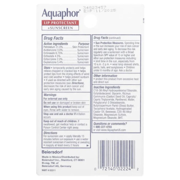 Бальзам для губ, Immediate Relief, Aquaphor, негайне полегшення, без ароматів, 2 тюбики по 10 мл