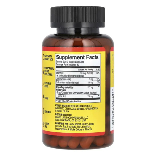 Яблучний оцет, Apple Cider Vinegar, Bragg, 90 капсул