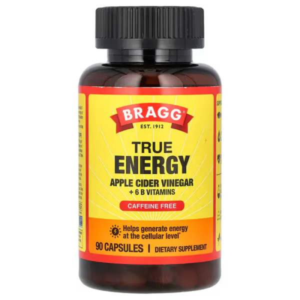 Яблучний оцет + вітаміни групи B, Apple Cider Vinegar + 6 B Vitamins, Bragg, True Energy, без кофеїну, 90 веганських капсул