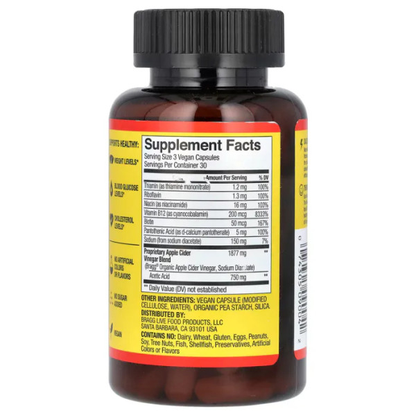 Яблучний оцет + вітаміни групи B, Apple Cider Vinegar + 6 B Vitamins, Bragg, True Energy, без кофеїну, 90 веганських капсул