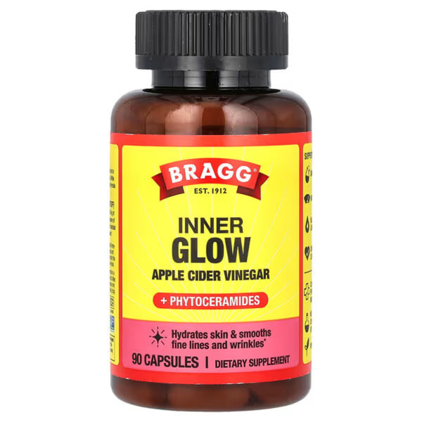 Яблучний оцет та фітокераміди, Inner Glow, Apple Cider Vinegar + Phytoceramides, Bragg, 90 веганських капсул