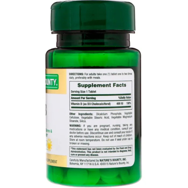 Витамин D3, Vitamin D3, Nature's Bounty, 400 МЕ, 100 таблеток