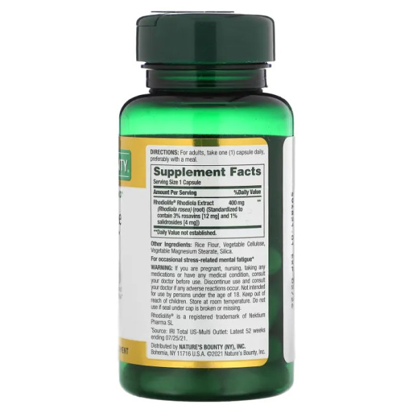 Родіола рожева, зняття розумової втоми та стресу, Mental Fatigue and Stress Relief, Nature's Bounty, 400 мг, 30 капсул