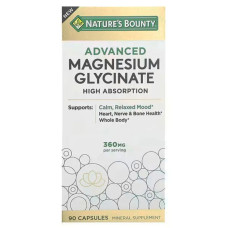 Магний глицинат 360 мг, высокая усвояемость, Nature's Bounty Advanced Magnesium Glycinate, 90 капсул, 120 мг на капсулу