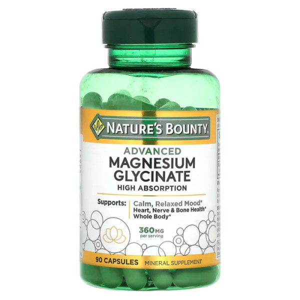 Магній гліцинат, Advanced Magnesium Glycinate, Nature's Bounty, висока засвоюваність, 360 мг, 90 капсул (120 мг на капсулу)