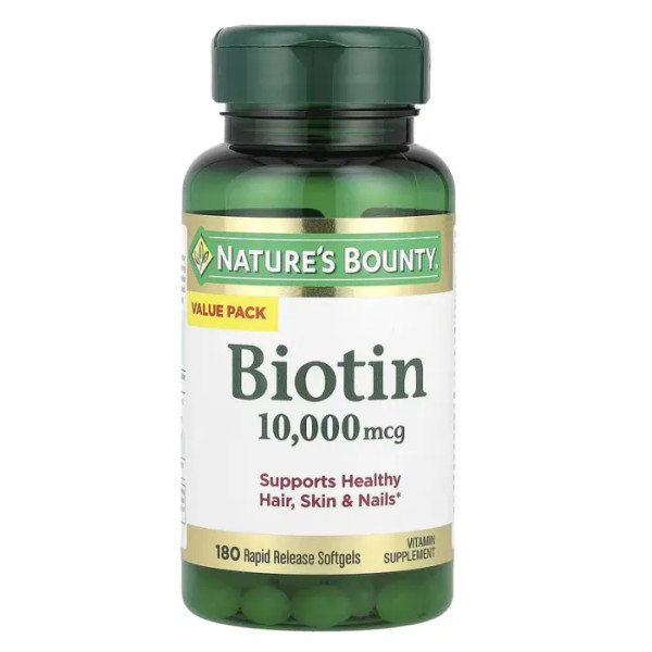 Біотин, Biotin, Nature's Bounty, 10,000 мкг, 180 желатинових капсул зі швидким вивільненням