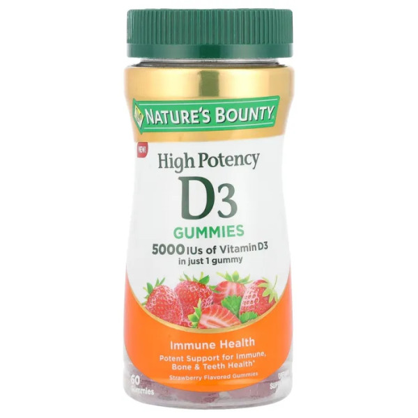 Вітамін D, Vitamin D3 Gummies, Nature's Bounty, зі смаком полуниці, 5000 МО, 60 жувальних таблеток