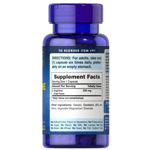 L-аргинин, L-Arginine, Puritan's Pride, 500 мг, 100 капсул