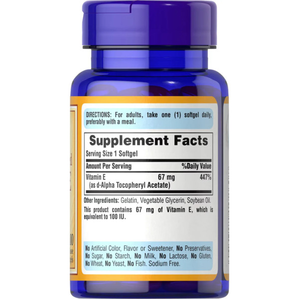 Витамин Е, Natural Vitamin E, Puritan's Pride, 67 мг (100 МЕ), 100% натурального происхождения, 100 гелевых капсул
