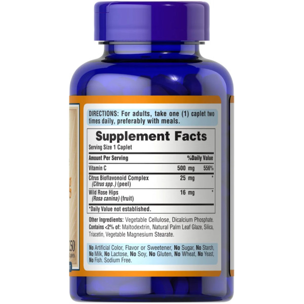 Витамин С с биофлавоноидами, Vitamin C, Puritan's Pride, с шиповником, 500 мг, 250 каплет
