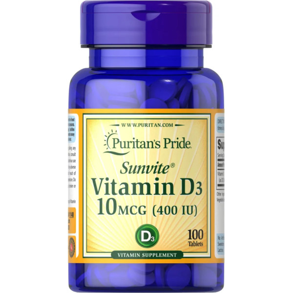 Вітамін D3, Vitamin D3, Puritan's Pride, 10 мкг (400 МО), 100 таблеток