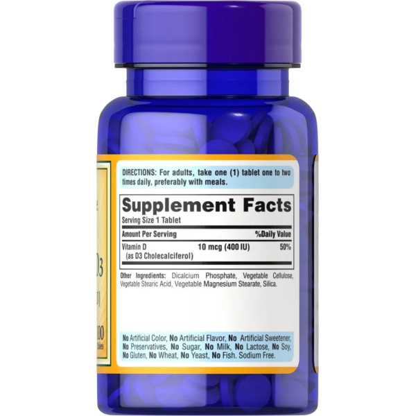 Вітамін D3, Vitamin D3, Puritan's Pride, 10 мкг (400 МО), 100 таблеток