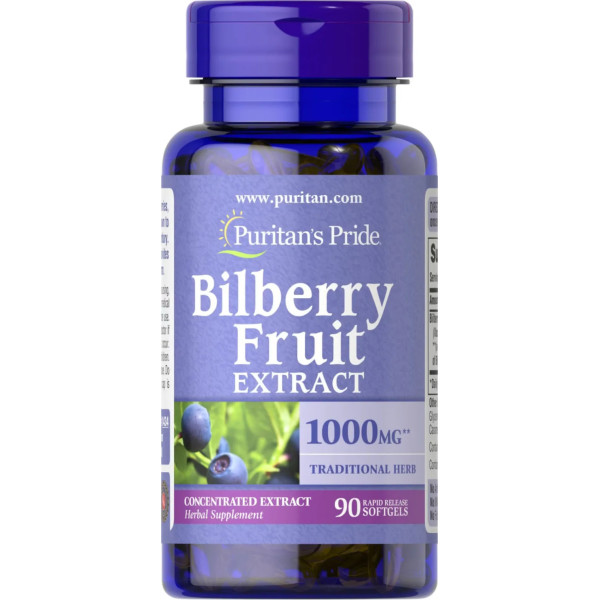 Екстракт чорниці, Bilberry 4: 1 Extract, Puritan's Pride, 1000 мг, 90 гелевих капсул