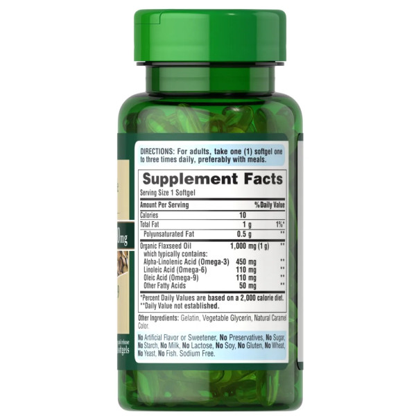 Лляна олія, Natural Flax Oil, Puritan's Pride, без ГМО, 1000 мг, 60 гелевих капсул