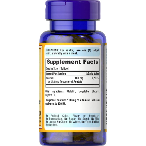 Витамин Е, Vitamin E, Puritan's Pride, 180 мг (400 МЕ), 100 гелевых капсул