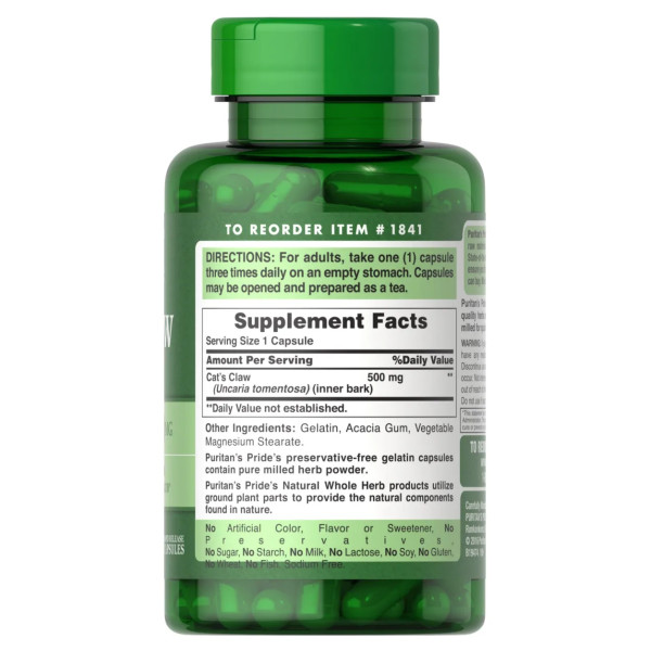 Котячий кіготь, Cat's Claw, Puritan's Pride, 500 мг, 100 капсул